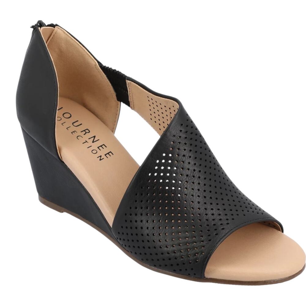 Journee Collection Womens Aretha Perforated Peep Toe Wedge Sandals Black Size 10
